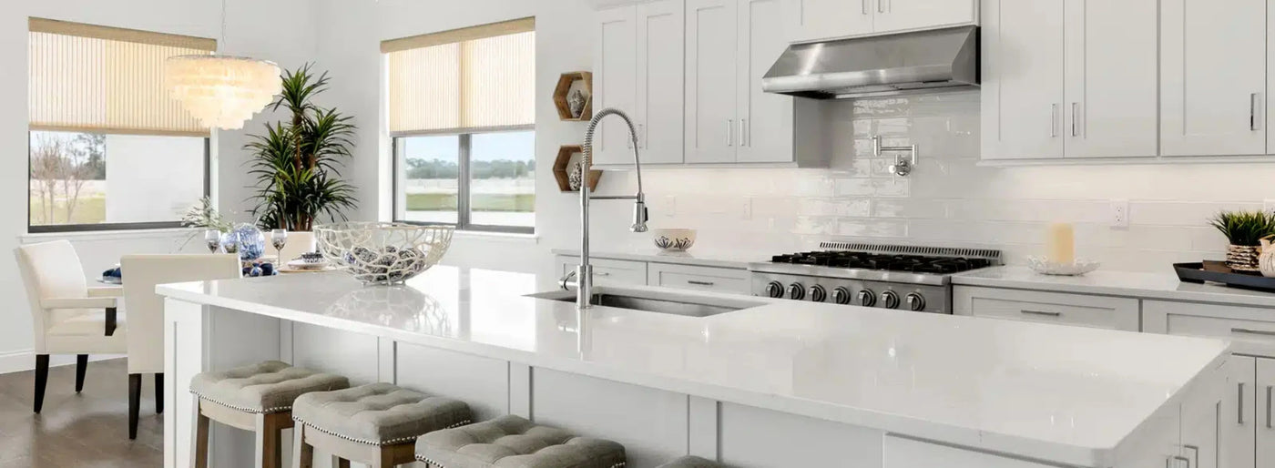 Photograph of custom kitchen with large center island and sink