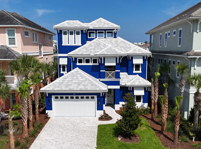 blue three story house