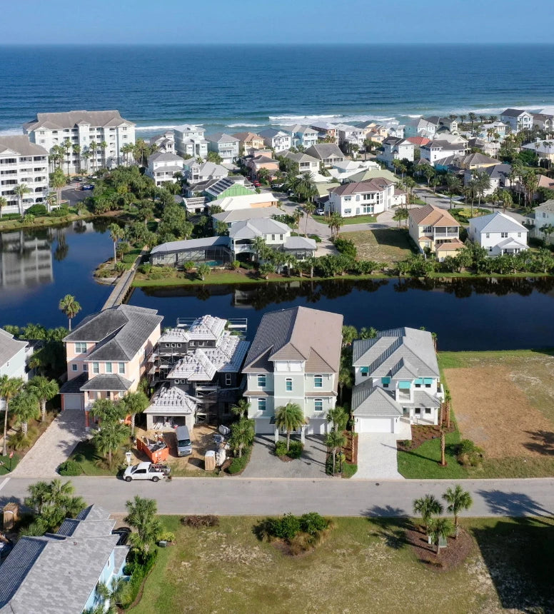 Overhead drone photo of neighborhood 