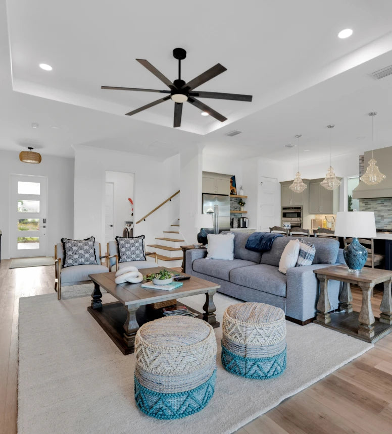 Photograph of living room facing up stairs