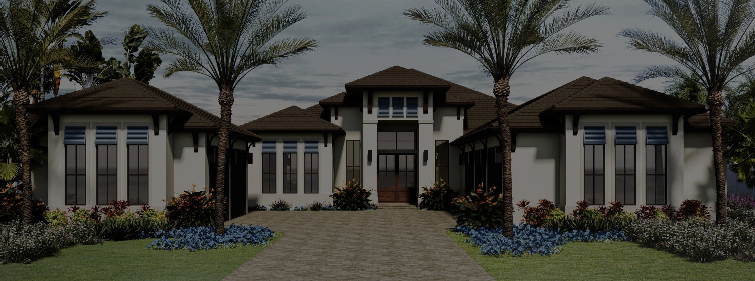 Photo of large custom home with open windows and palm tree landscaping